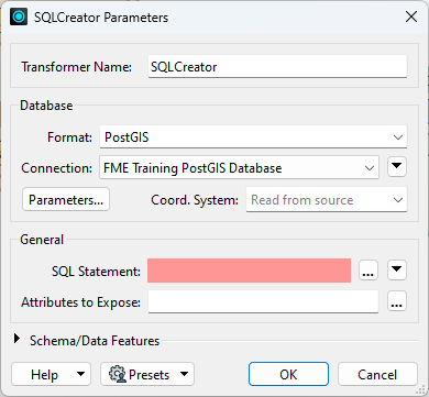 SQLCreator parameters
